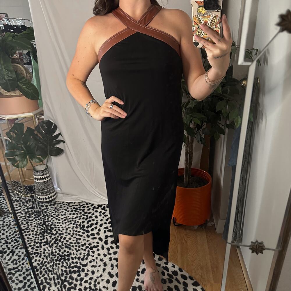 BCBGMAXAZRIA Faux Leather Insert Halter Asymmetric Midi Dress Black Size XS
